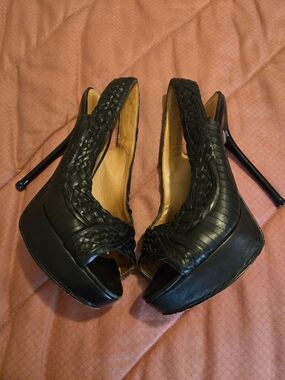 L.A.M.B. Black Braided Peep-Toe Platform Stiletto Heels